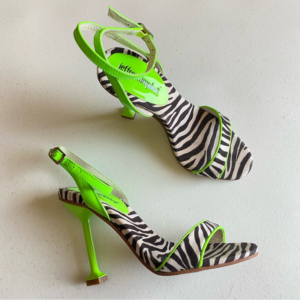Jeffrey Campbell 5.5 Lime Green Black White Zebra Single Strap Stiletto Heel